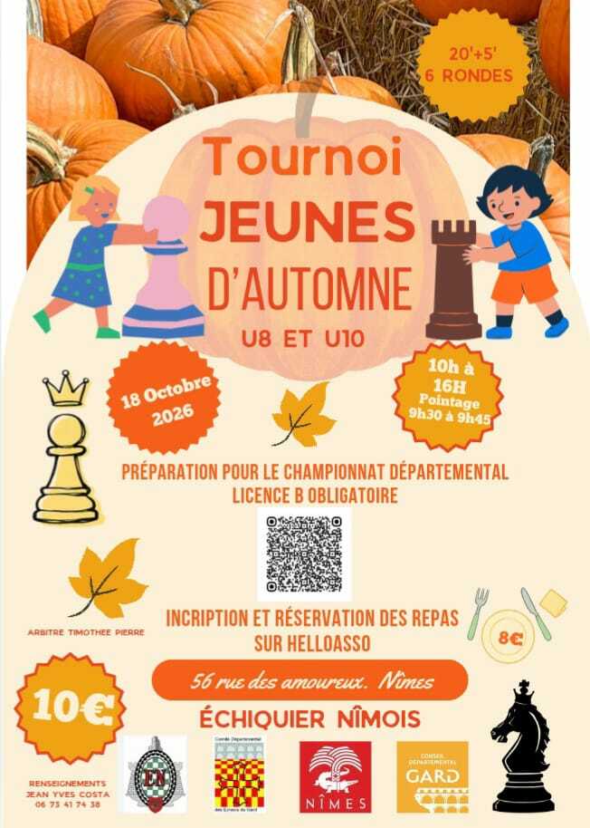 Tournoi jeunes d'automne U12 à U20 10h à 18h pointage 9h30 à 9h45 le 17 et 18 octobre