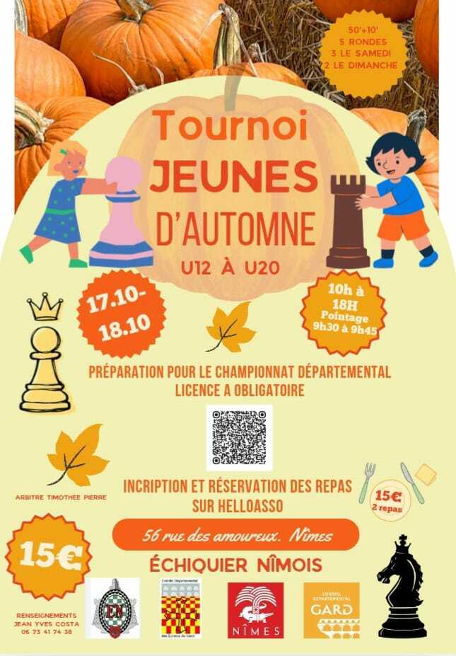 Tournoi jeunes d'automne U8 à U10 10h à 16h pointage 9h30 à 9h45 le 18 octobre