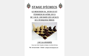 Stage d’échecs  le mercredi 24, jeudi 25 et vendredi 26 Avril 2019 de 14h à 16h dans les locaux de l’échiquier nîmois