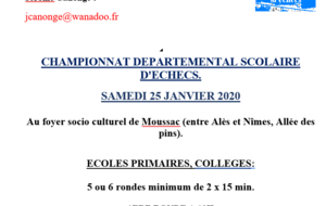 CHAMPIONNAT DEPARTEMENTAL SCOLAIRE D'ECHECS SAMEDI 25 JANVIER 2020