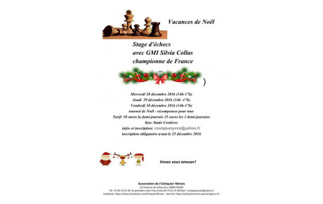 Vacances de Noël Stage d'échecs avec GMI Silvia Collas championne de France du 28 déc. à 14h00 au 30 déc. à 17h00