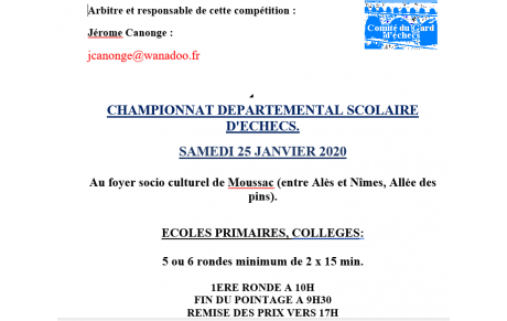 CHAMPIONNAT DEPARTEMENTAL SCOLAIRE D'ECHECS SAMEDI 25 JANVIER 2020