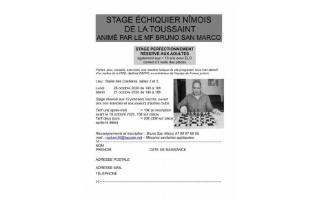 Stage adultes échiquier Nîmois de la Toussaint lundi 26 octobre et mardi 27 de 14h à 18h