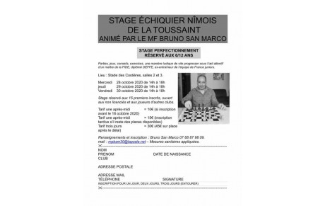 Stage jeunes de l'échiquier Nîmois Mercredi 28 octobre, Jeudi 29 et Vendredi 30 de 14h à 18h