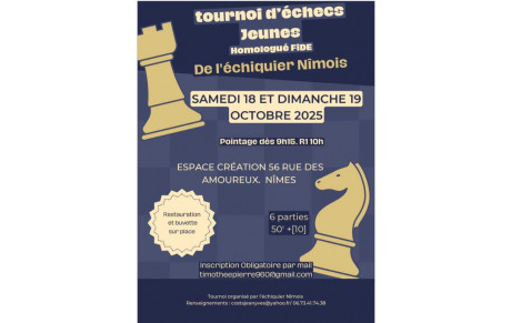 Tournoi d'échecs jeunes de l'échiquier Nîmois samedi et dimanche 19 octobre