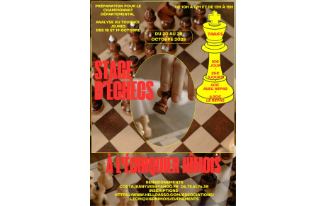 Stage d'échecs 20 au 22 octobre 10h à 12h et de 13h à 15h