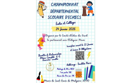 Championnat départemental scolaire d'échecs 24 janvier 2026 Mairie de Saint-Geniès-de-Malgoirès