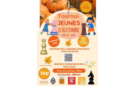 Tournoi jeunes d'automne U12 à U20 10h à 18h pointage 9h30 à 9h45 le 17 et 18 octobre